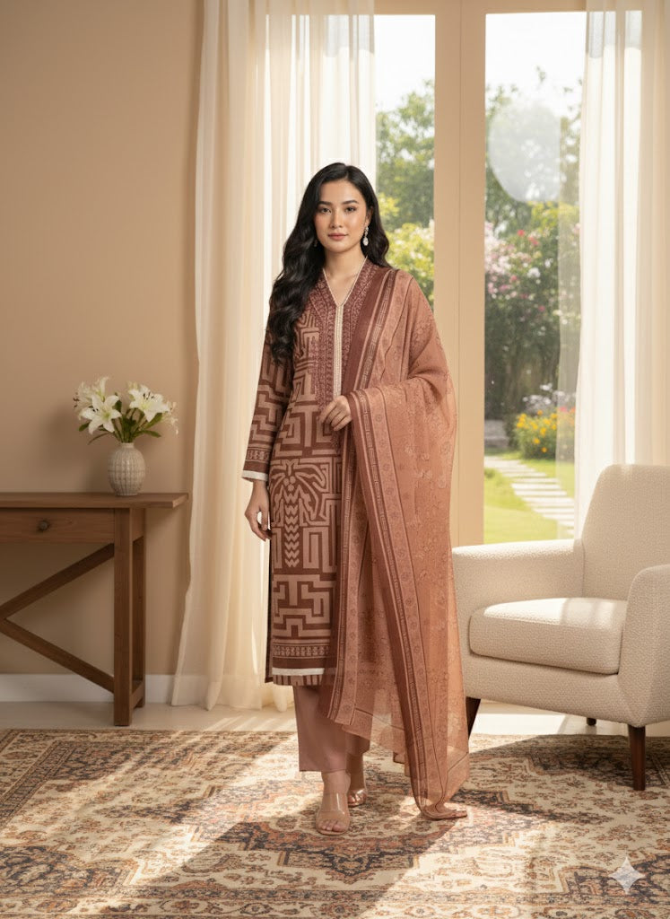 3PC Unstitched Lawn Suit – Elegant & Comfortable