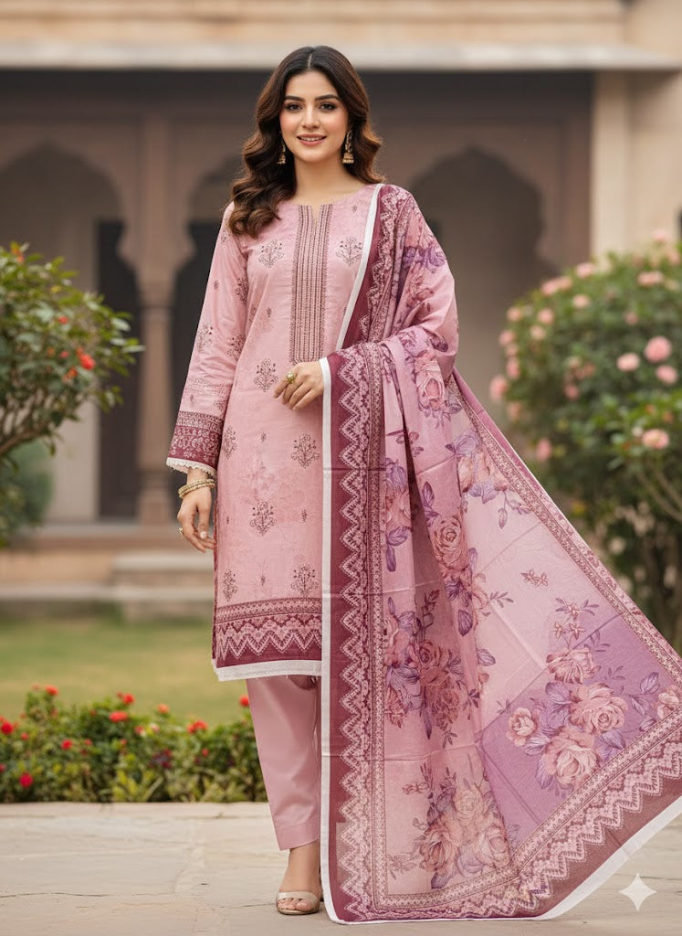 Premium 3PC Unstitched Lawn Suit Lawn dupatta – Elegant Branded Style