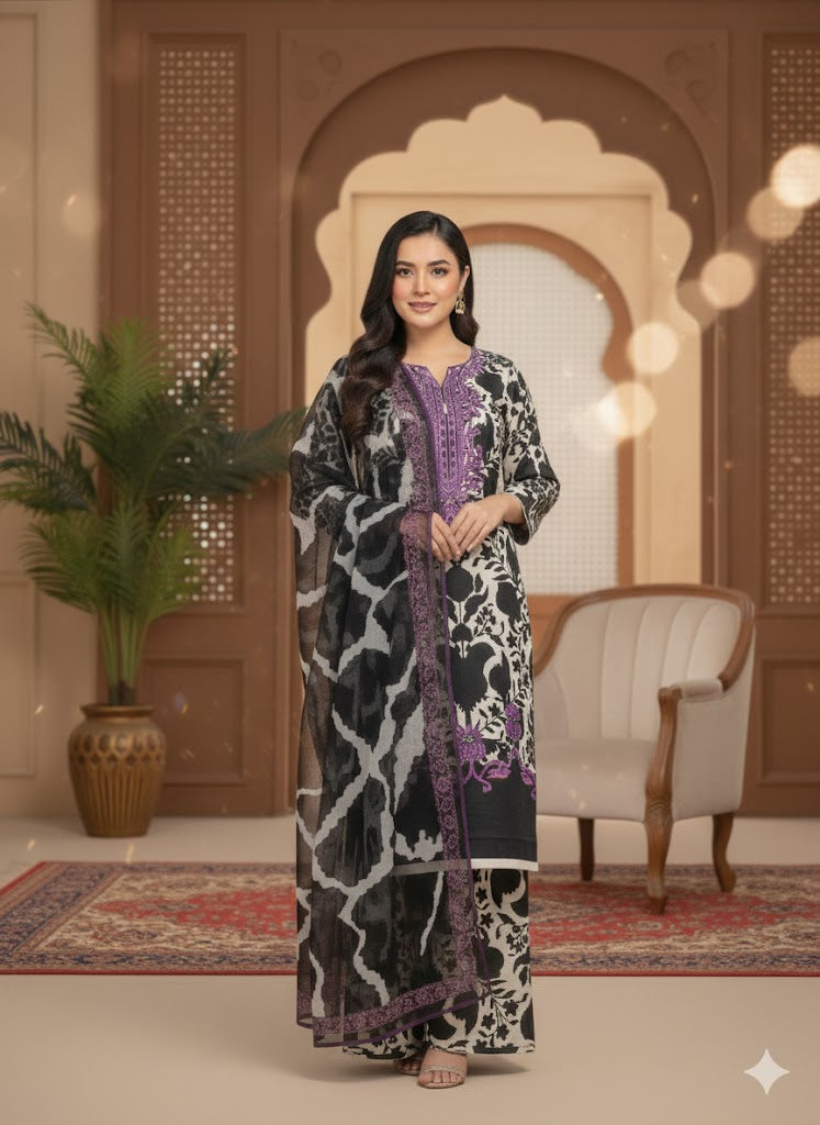 Premium 3PC Unstitched Lawn Suit shifon dupatta – Luxury Designer Look