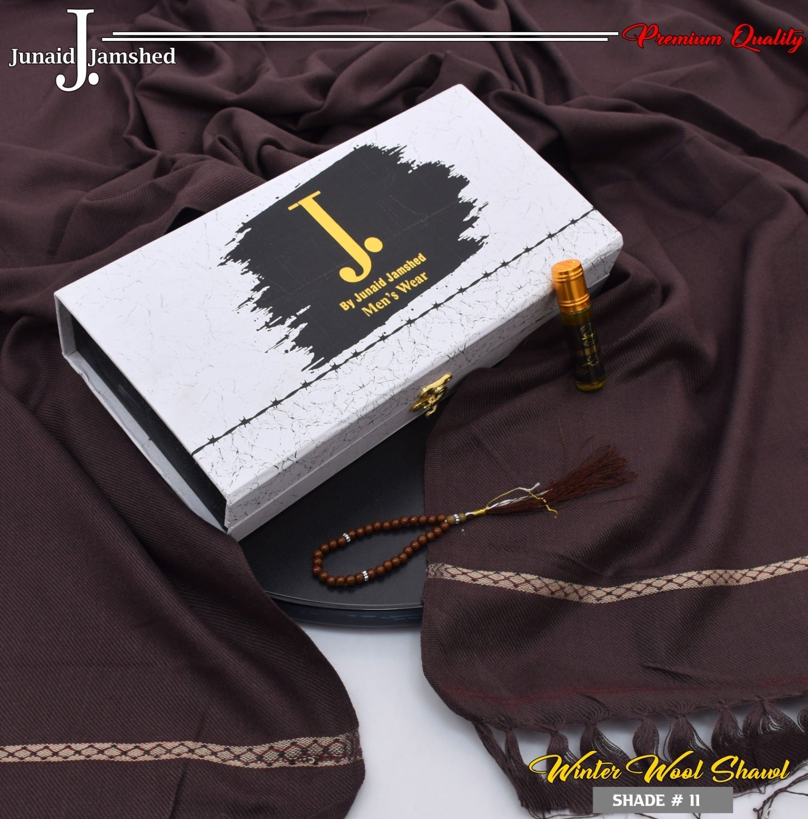 J. PREMIUM WOOL SHAWL FOR MEN WITH LUXURY BOX & BAG +GIFT TASBEH & ATAR ( maroon )