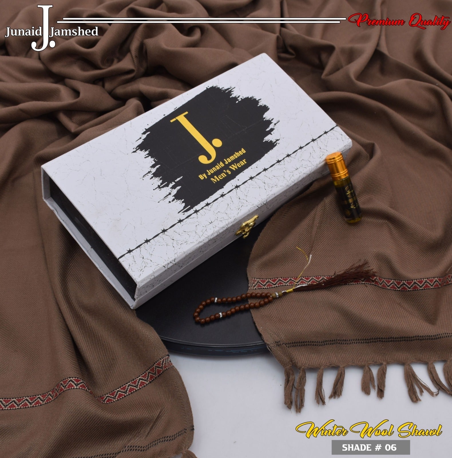 J. PREMIUM WOOL SHAWL FOR MEN WITH LUXURY BOX & BAG +GIFT TASBEH & ATAR ( Brown )